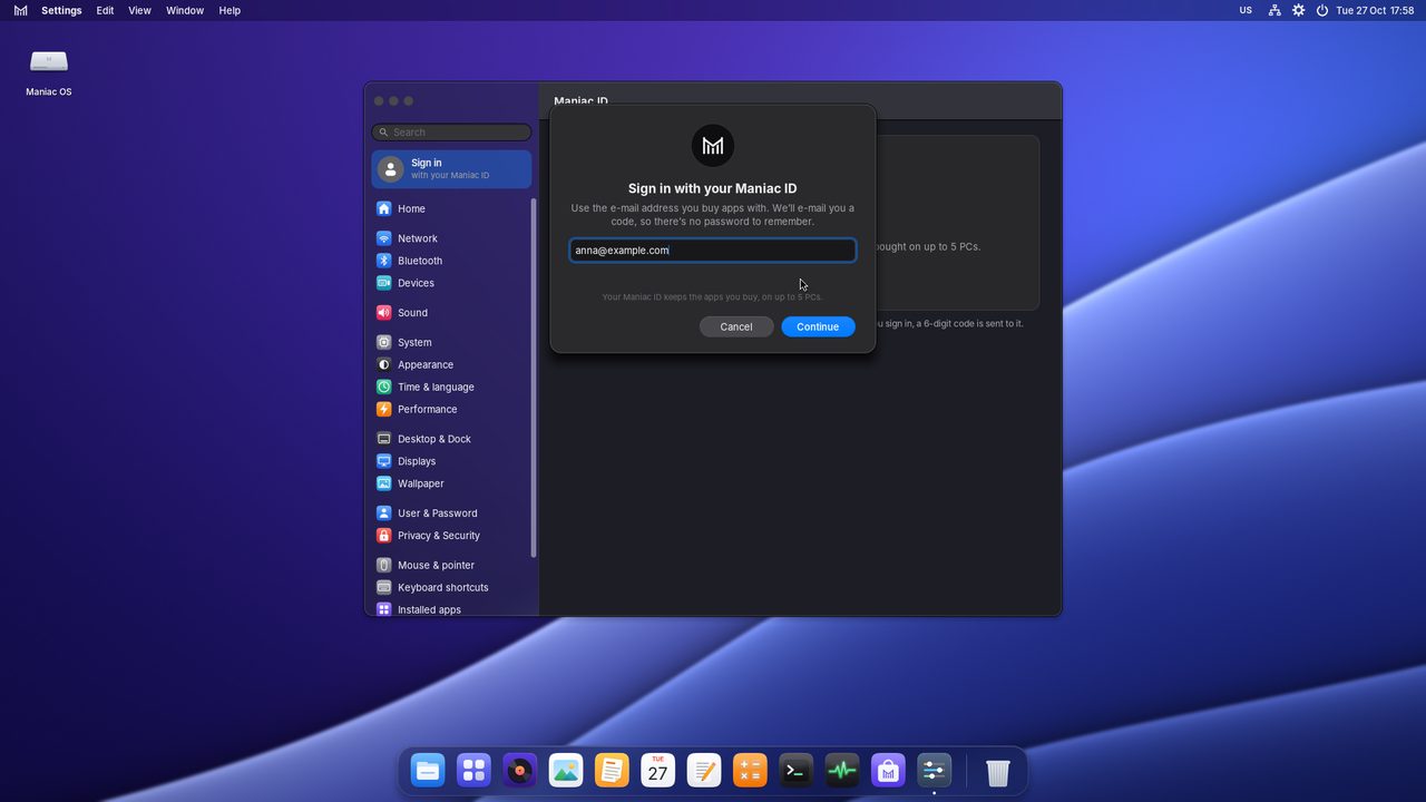 Οι Ρυθμίσεις με το παράθυρο «Sign in with your Maniac ID» που ζητά διεύθυνση e-mail